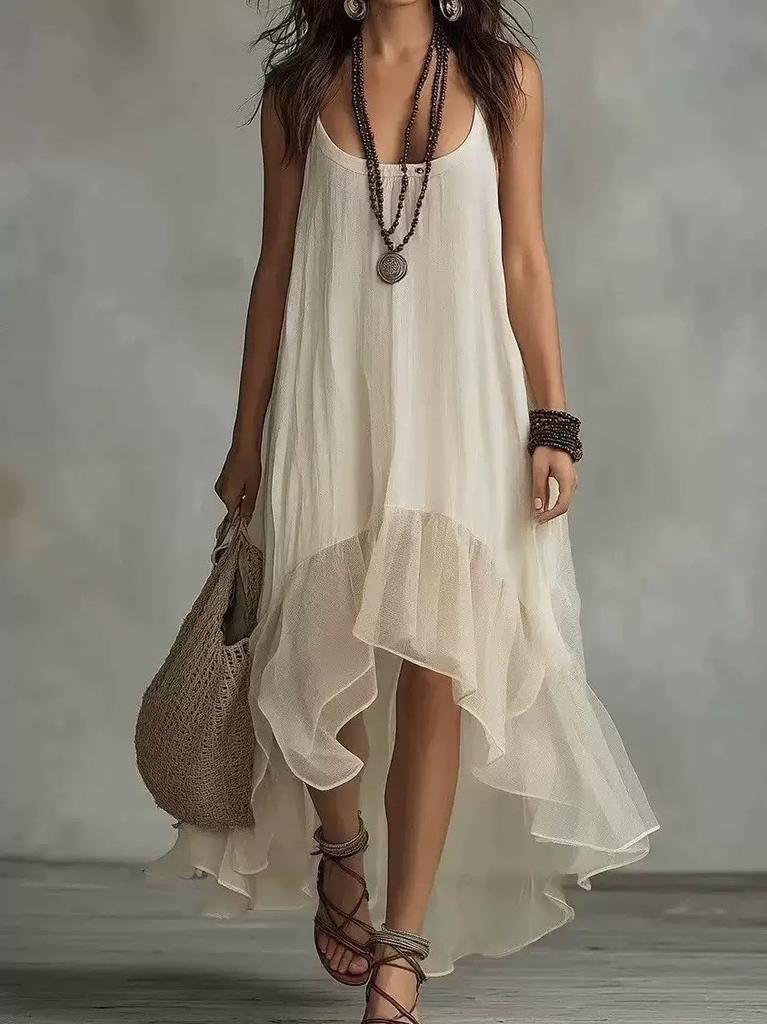 European and American Women's Clothing Fashion Solid Color Suspender Summer Casual Light Irregular Dress