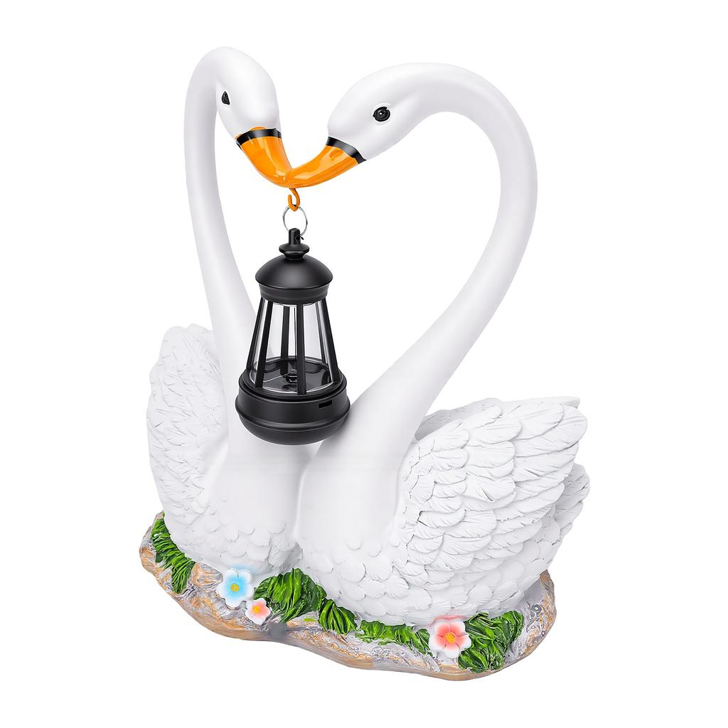 Solar Swan Garden Statue with Hanging Lantern Light Romantic Swan Couple Outdoor Solar Light Resin Water Proof Yard