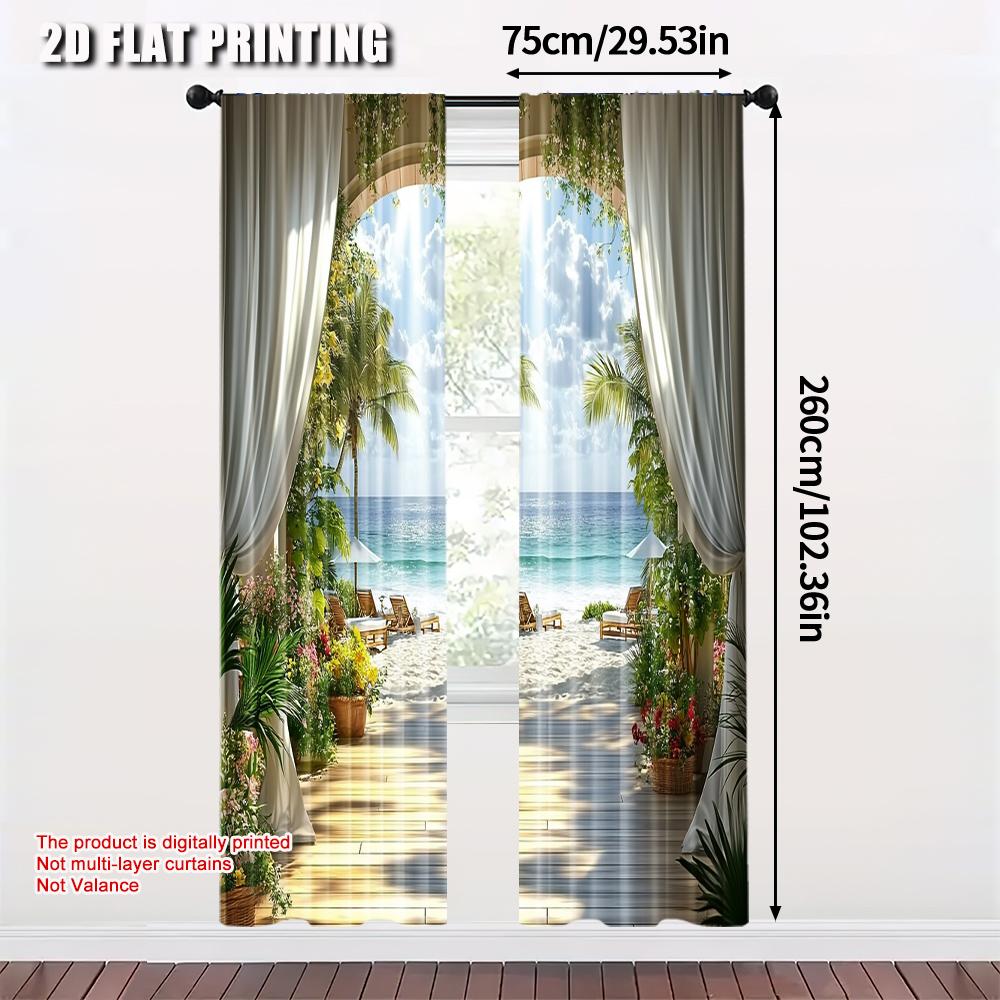2pcs   Fashionable Curtains 2D print Hawaiian Beach Scene Fabric (without rod) Versatile All for Bedroom   Living Room