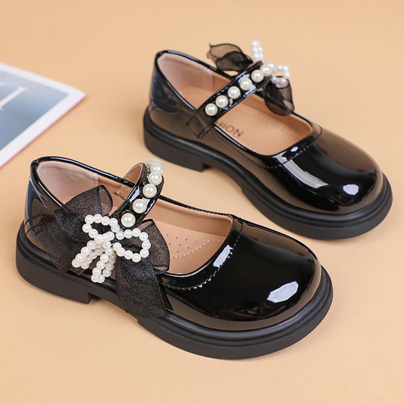Girls' Pearl Bow Princess Shoes - Spring/Autumn Fashionable Leather, Korean & British Style, Casual & Performance Wear