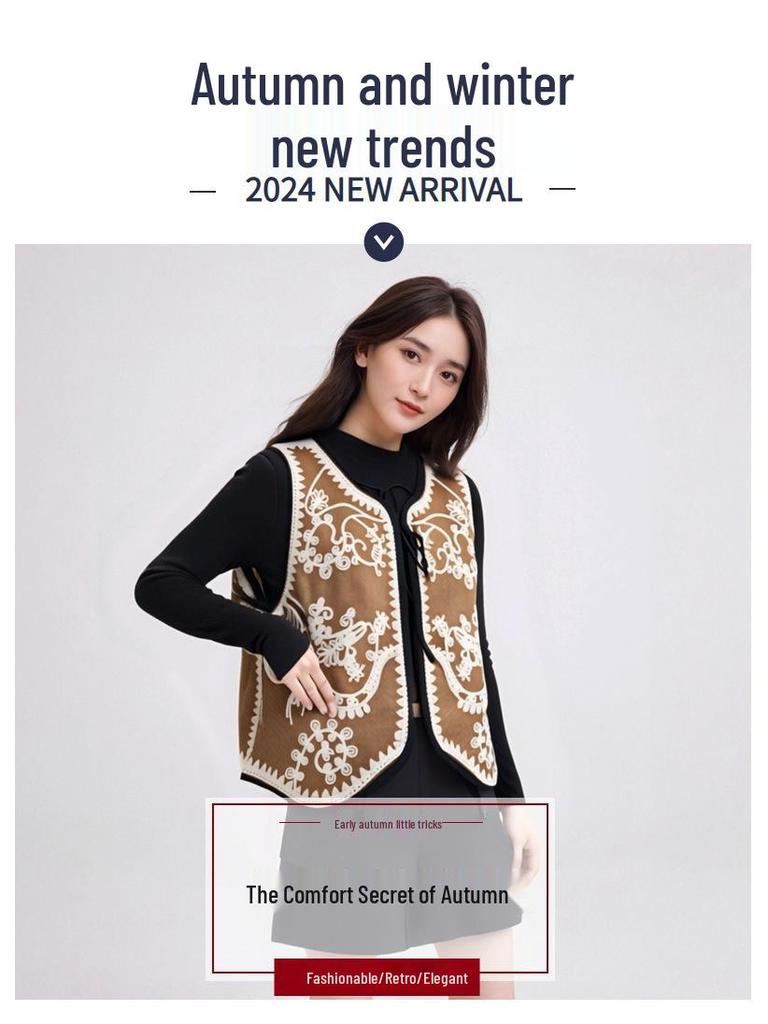 Retro Corduroy Lambswool Vest with Heavy Embroidery and Shoulder Pads - European and American Style