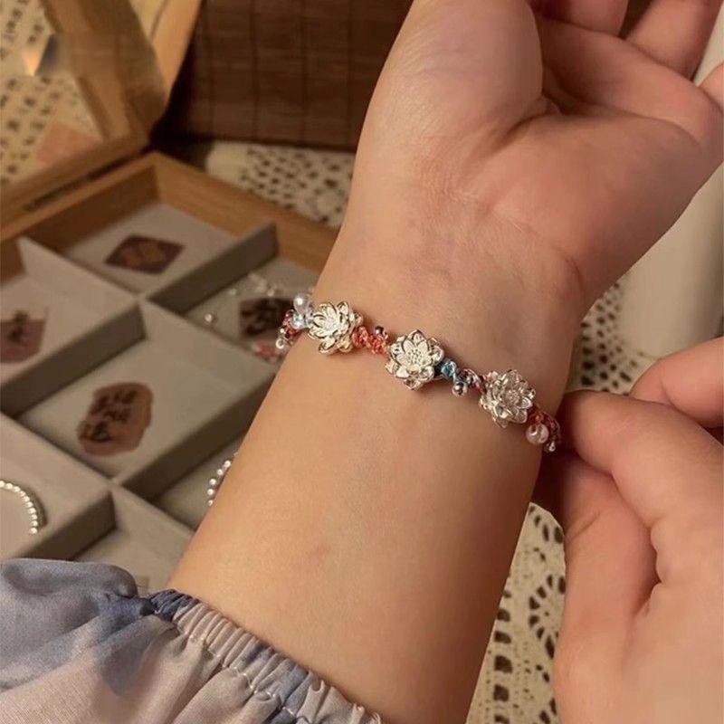 Lucky Chinese Style Braid Lotus Flower Beaded Bracelet For Women Bracelet Handmade Vintage Party New Year Jewelry Adjustable