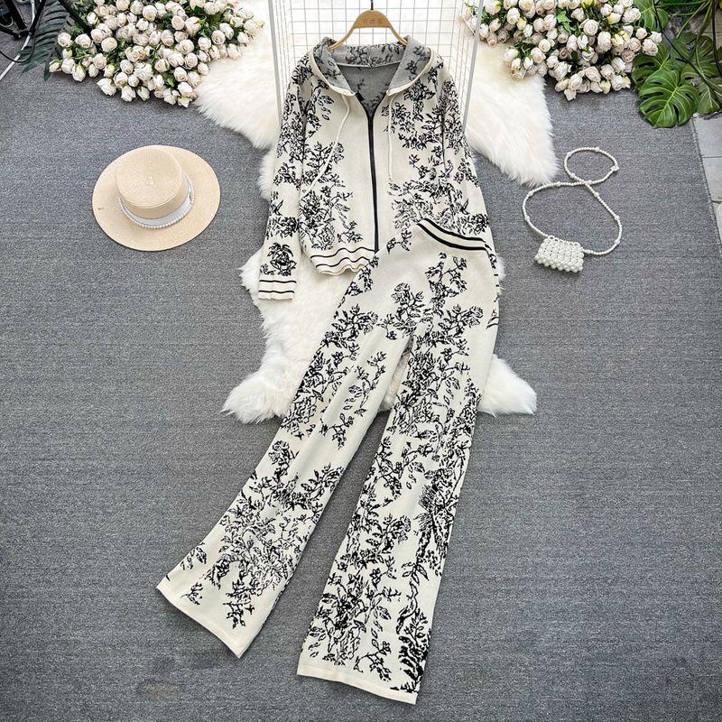 

Живопись тушью Жаккардовое плетение Свитер на молнии Брюки Модный костюм Apricot color One size