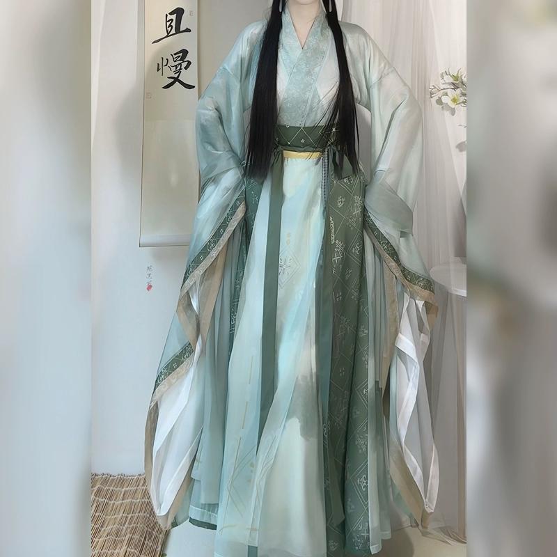 Hanfu de style chinois pour femmes des dynasties Wei et Jin, col croisé, manches larges, costume jupe une pièce