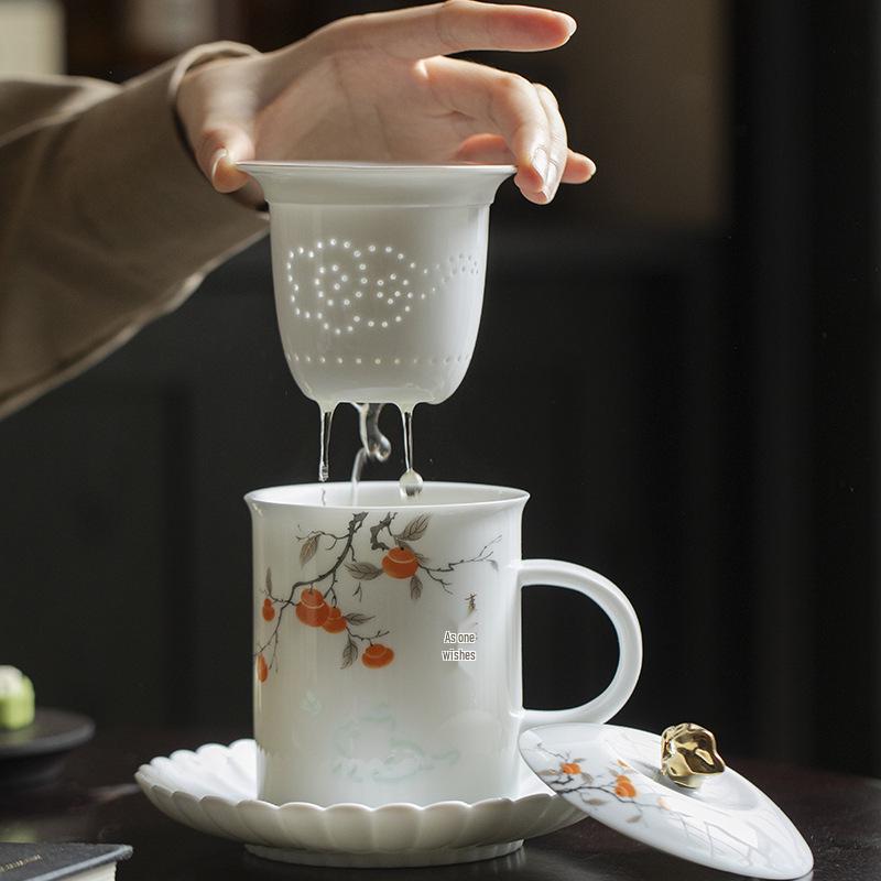 Exquisite Mutton Fat Jade Office Tea Cup Set with Lid & Filter