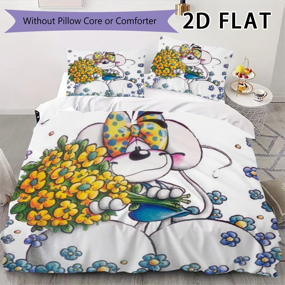 Diddl Pattern Bedding Uilt Set Uilt Cover Pillowcase Home Decoration Birthday Gift (1 * Duvet Cover + 2 * Pillowcase  Without Core)