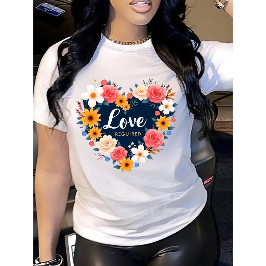 Women's Summer Short-Sleeve T-Shirt - Floral Heart & Love Required Print  Casual Y Round Neck Top