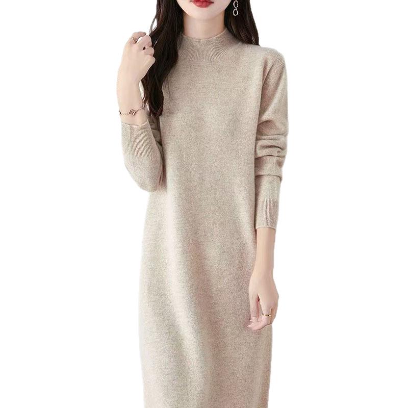 Women's Wool Knit Sweater Dress - Half High Neck, Over Knee, Loose Mid-Length Pullover for Autumn/Winter