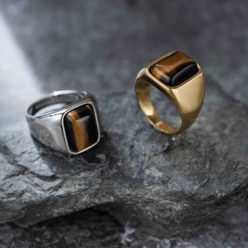 Retro Fashion Personality Luxurious Natural Tiger Eye Stone Ring. Casual Business Style Unisex Ring. 316L Stainless Steel