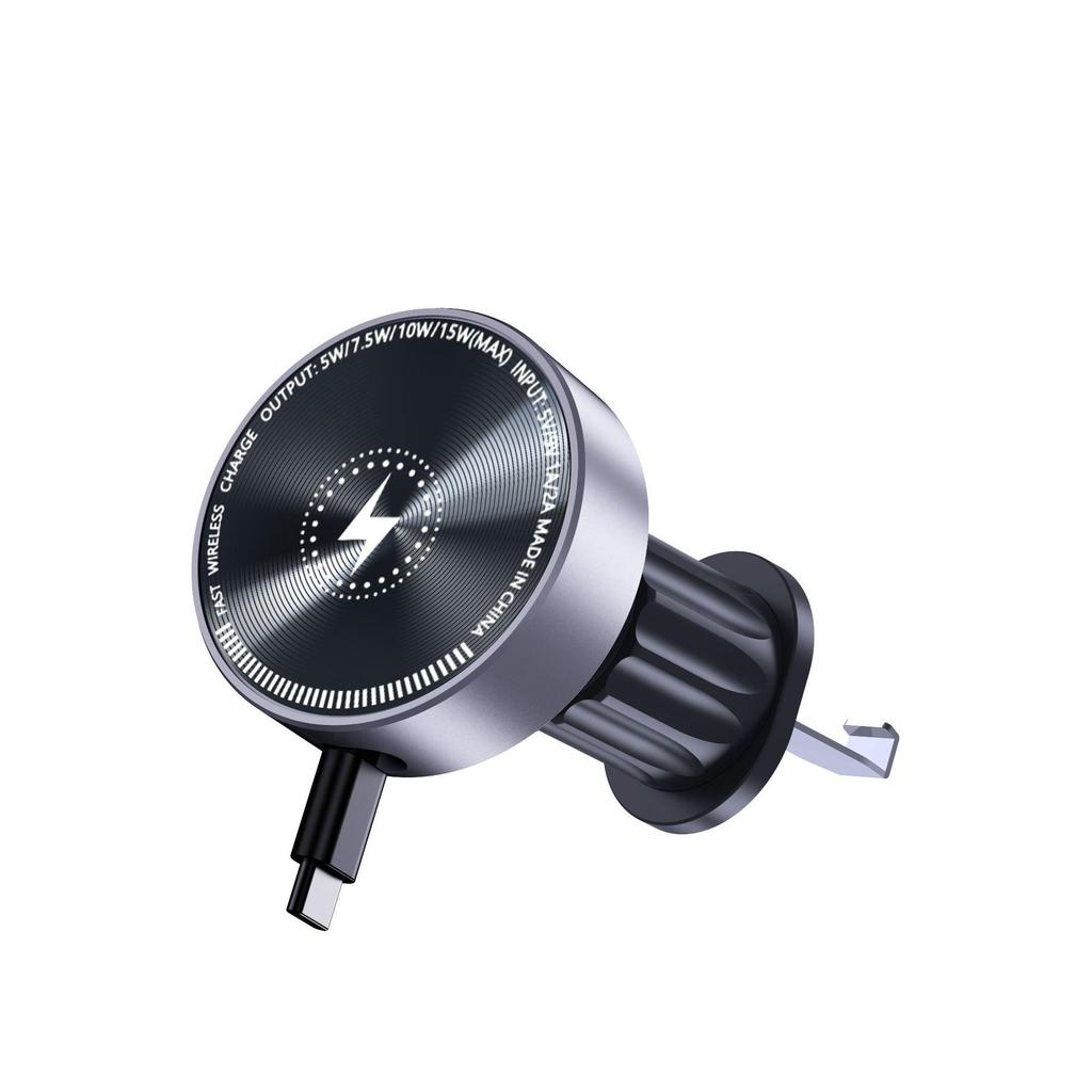Magnetic Car Phone Holder with 15W Wireless Charger & Retractable Line, Rotating Stable Design