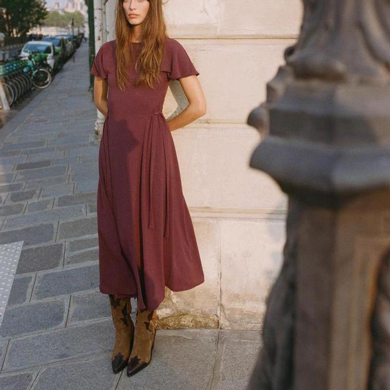 Spring New Women's Clothing French Style Short Sleeve round-Neck Long Casual Midi Skirt Dress 0264670