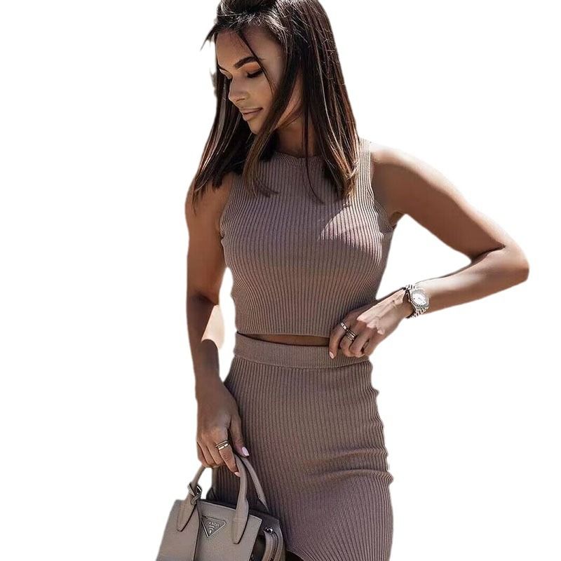 2025 Summer New Western Style Top Waist Bag Hip Slit Sexy Knitted Skirt Vest Short dress Set