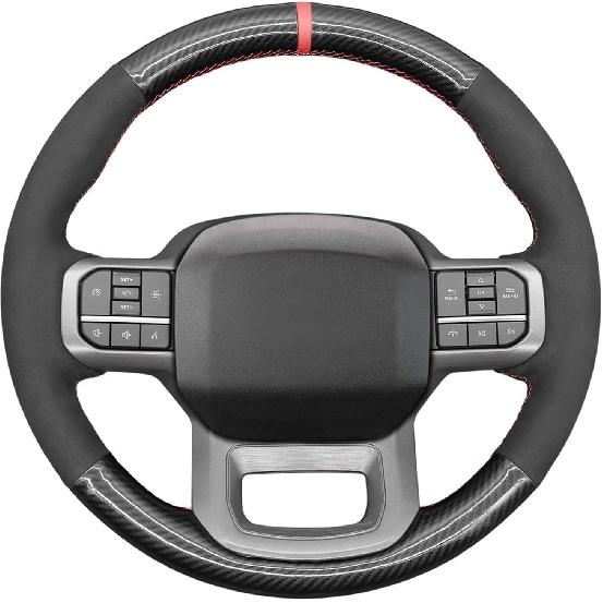 Black Genuine Leather Carbon Fiber Steering Wheel Cover for Ford F-150 2021-2026 /Ford F-250 F-350 F-450 F-55- F600 2023 20242025 2026 /Ford