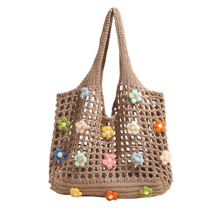 Harajuku Style Flower Hollow Knitted Shoulder Bag Large Capacity Crochet Bag Fresh Casual Beach Handbag For Women Gifts