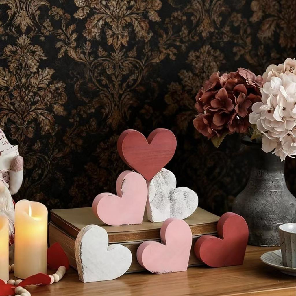 6Pcs/Set Love Wooden Ornament Heart Shaped Anniversary Wedding Decoration Crafts Peach Heart Atmosphere Valentine's Day Gift