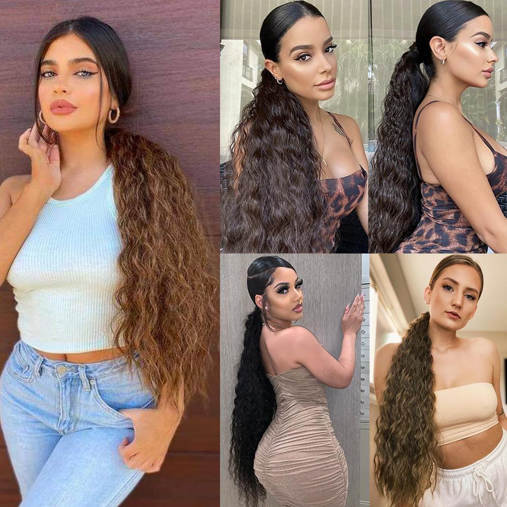 MISS WIG Women Long Wavy Warp Around Ponytail Synthetic Fiber Daily Wear Corn Wave Hair Extension Women Long Wavy Hairpiece