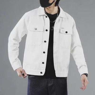 Men's Korean-Style White Denim Jacket - Casual, Loose Fit, Trendy Workwear for Spring and Autumn