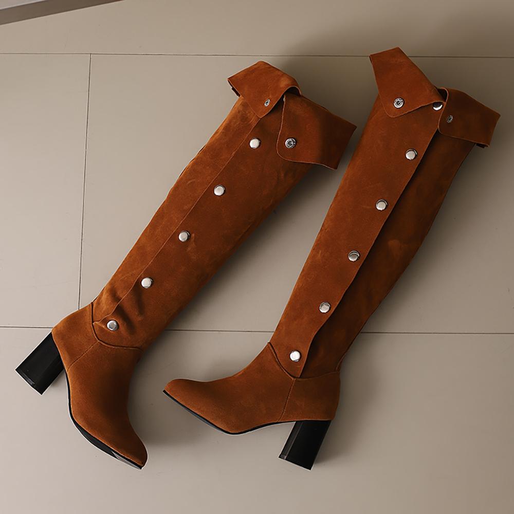 Khaki Black Women Over the Knee High Boots High Block Heel Big Size 50