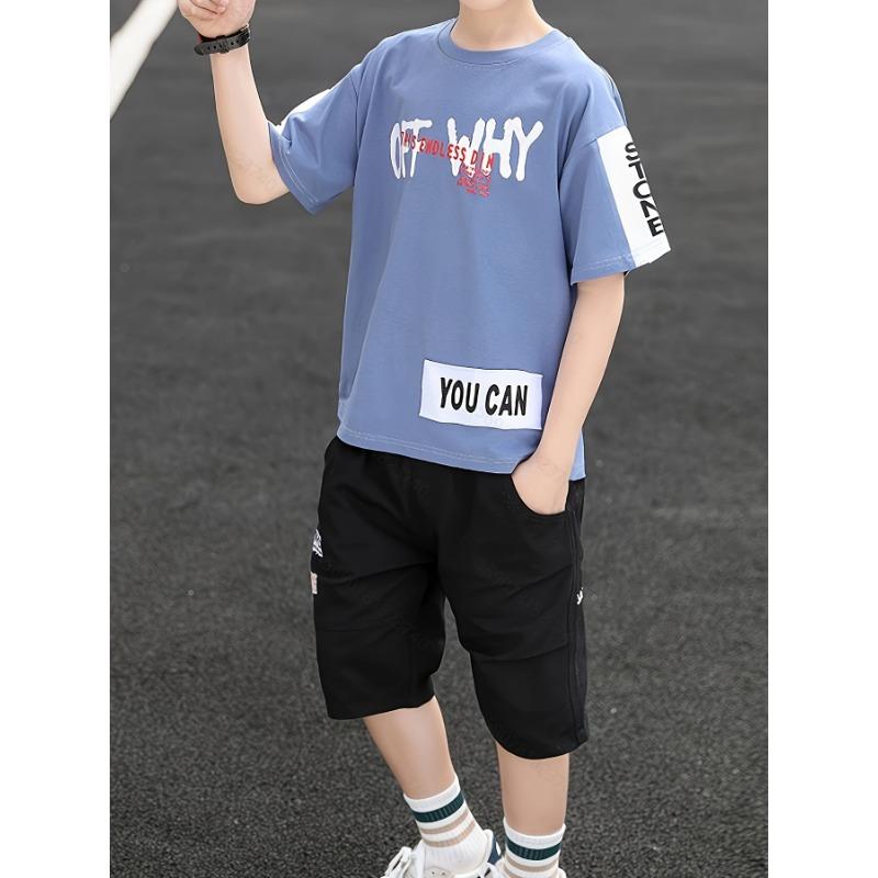 Boys' 2pcs Set: Short Sleeve T-Shirt and Shorts with Letter Print for Medium to Large Sizes, Perfect for Outdoor