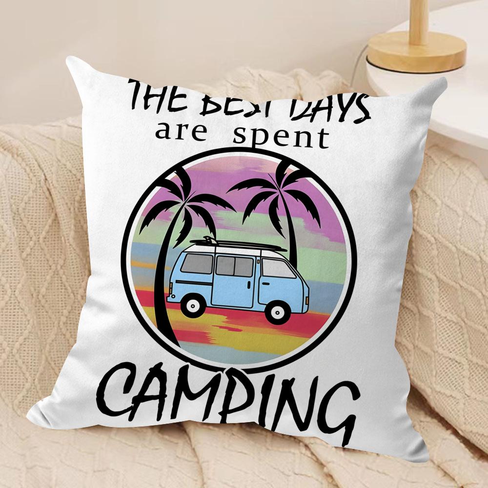 Happy Camping Rv Camper Car Cushion Cover Silky Short Plush Invisible Zipper Dustproof Sofa Pillow Case For Home Decor