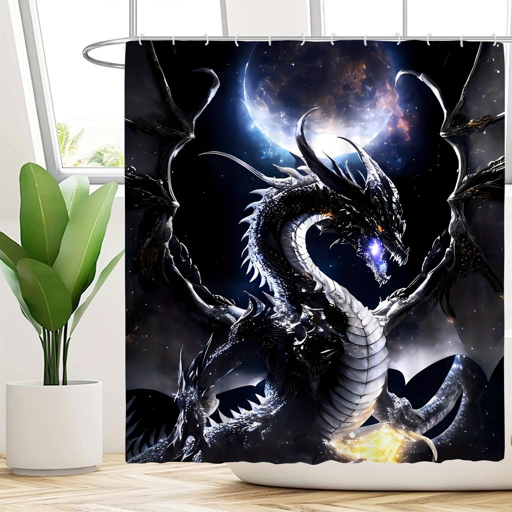 Roaring Black Dragon Bathroom Set Under Moonlight - Waterproof Shower Curtain, Toilet Lid, Bath Mat, And Contour Mat