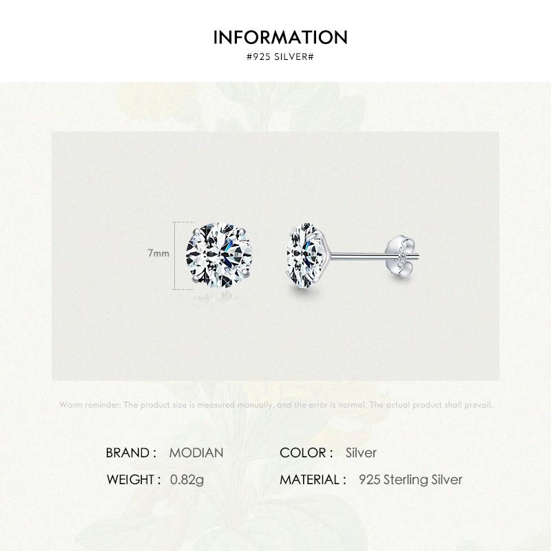 MODIAN Cercei tip zirconiu din argint Sterling 925, zirconiu rotund, 4 mm, 5 mm, 6 mm, 7 mm, cercei pentru femei, bijuterii de nunta