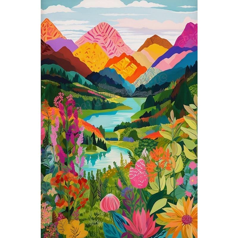 Abstract Colorful Floral Mountain Lake Nature Landscape Illustration Poster Wall Art Pictures Canvas Painting Home Dorm Decor