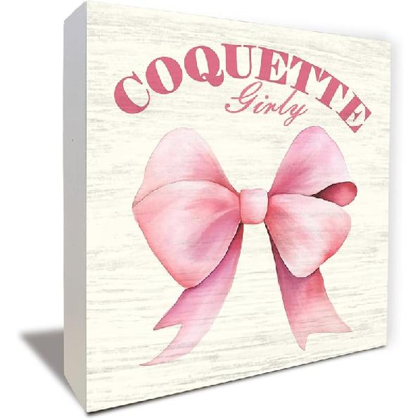 Pink Bow Coquette Wooden Box Sign, Coquette Room Decor, Dorm Room Essentials for Girls, Girly Ribbon Bow for Girls Room Dorm College Bedroom Desk