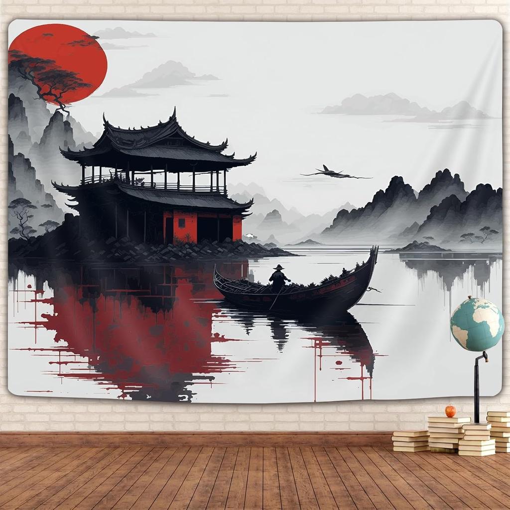 1 piece traditional Chinese landscape tapestry, polyester fabric, suitable for bedroom and living room interior decoration