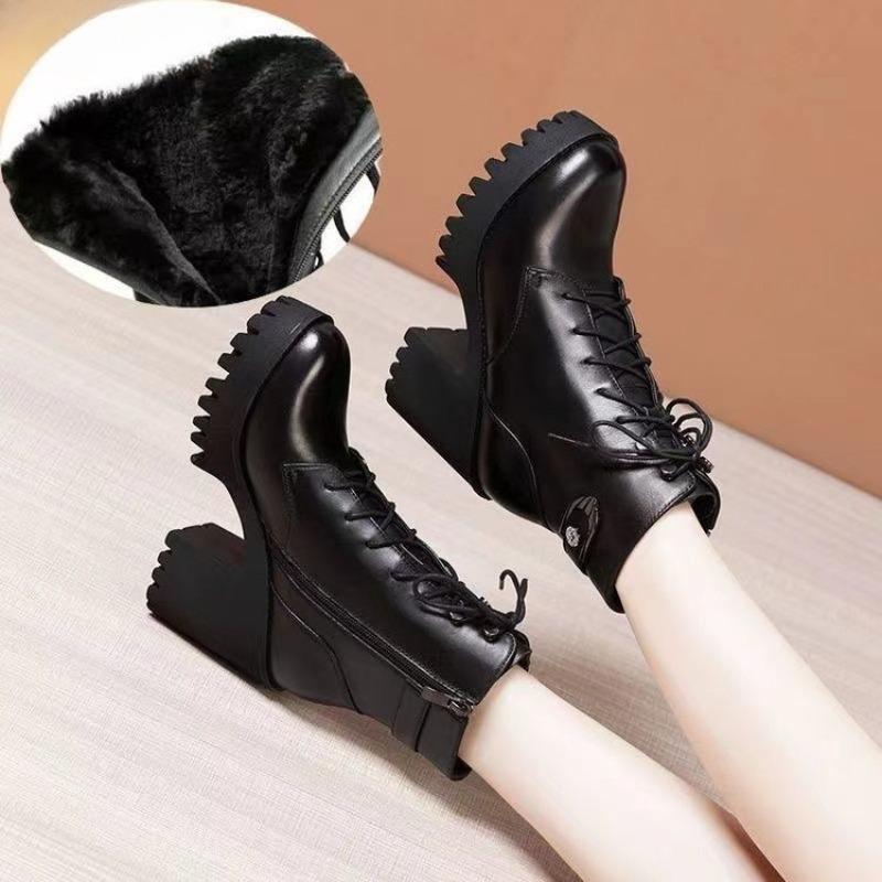 Nowe Damskie Buty na Grubym Obcasie z Polarowymi Kozakami do Połowy Łydki i Botkami na Wysokim Obcasie