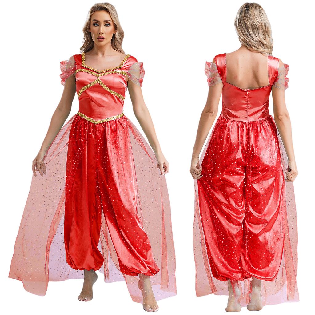 Womens Shiny Sequins Belly Dance Jumpsuit Halloween Arabic Arabian Princess Cosplay Party Costume Tulle Overlay Romper Bodysuit