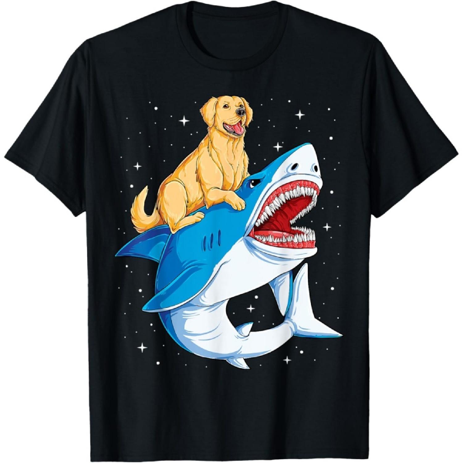 Золотистый ретривер едет на акуле Крутой любитель собак Галактика Космос Мужчины Женщины Девочки Дети Футболка S