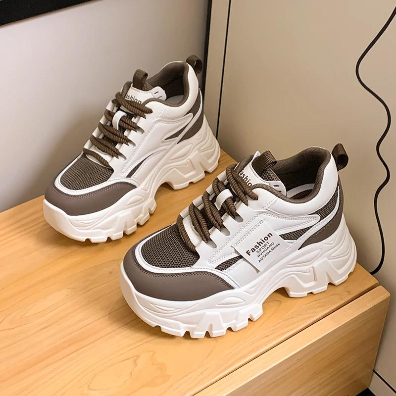 Fashion Lace Up Chunky Sneakers for Women Comfort Breathable Platform Sports Shoes Woman Pu Leather Thick Bottom Running Shoes