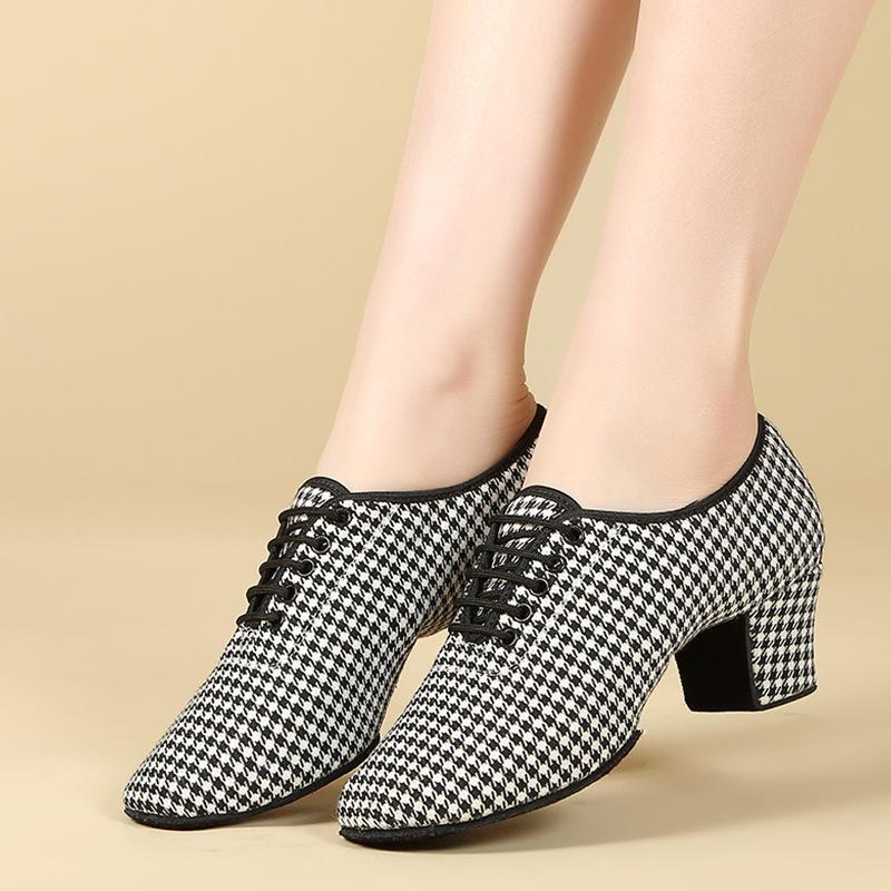Adult Mid-Heel Soft Sole Dance Shoes: Houndstooth Pattern for Ballroom, Modern, Latin, and Cha-Cha Performances