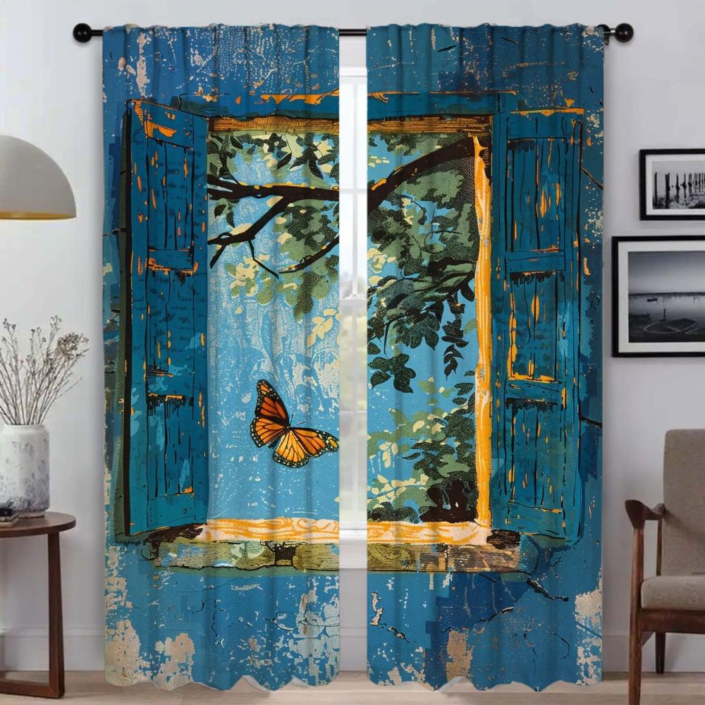 Blue Window Blackout Curtain for Room 2 Panel Home Interior Curtains Partition Tulle for Bedroom Shades Halloween Decoration