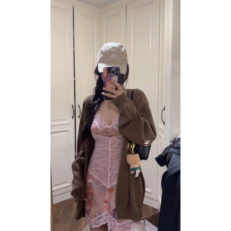 

Iamgia Unique Plant Pattern Paisley Mesh Semi-Transparent Lace Y2g Gyaru Patchwork Sling Dress Pink S