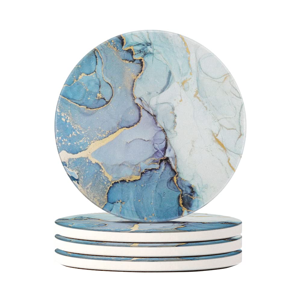 HAOCOO Stylish Ceramic Coasters with Marble Pattern and Cork Backing, Round, Set of 4, for Mugs and Tea Pads, Insulation, Better than Diatomaceous