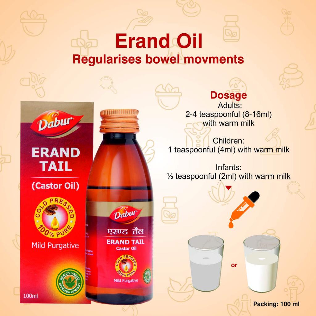 Dabur Erand Tail Pure Cold Pressed Castor Oil 100Ml | Natural Relief From Constipation, Supports Healthy Digestion, Skin & Hair Care