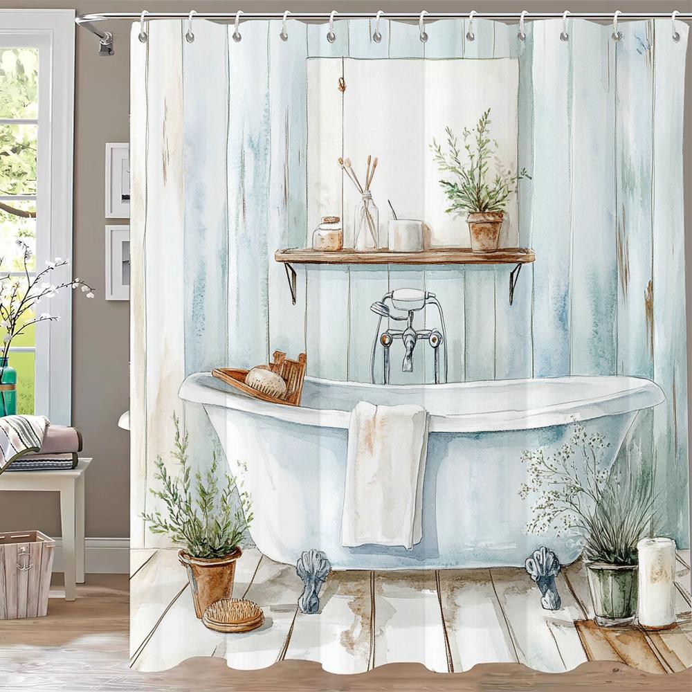 Tropical Plants Bathtub Shower Curtain, Green Leaves Art Bathroom Decorative Curtain, Printed Polyester Curtain with Hooks