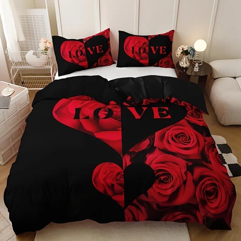 Romantic Love Letter Red Rose Flower Pattern Bedding Set Included 2/3Pcs Duvet Cover Pillowcases For Home Dorm Hotel Decor