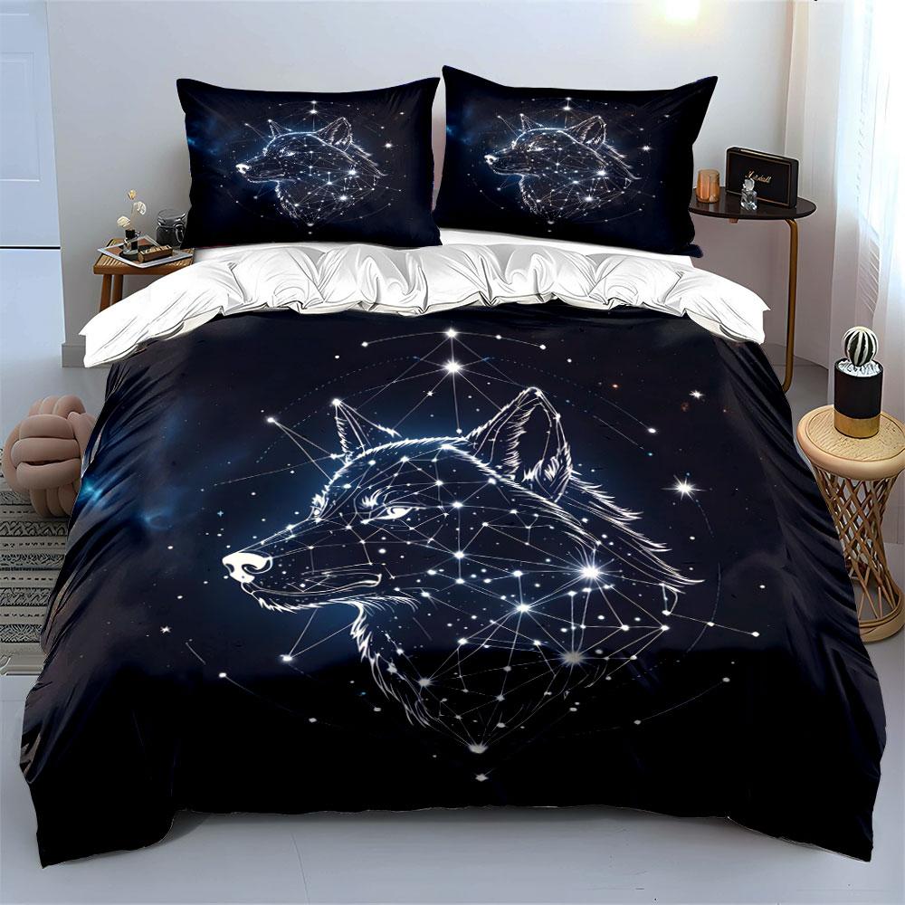 Wolf Constellation Night Sky Bedding Duvet Cover Set Duvet Cover Pillowcases (1*Duvet Cover 2*Pillowcases, Without Duvet Insert)