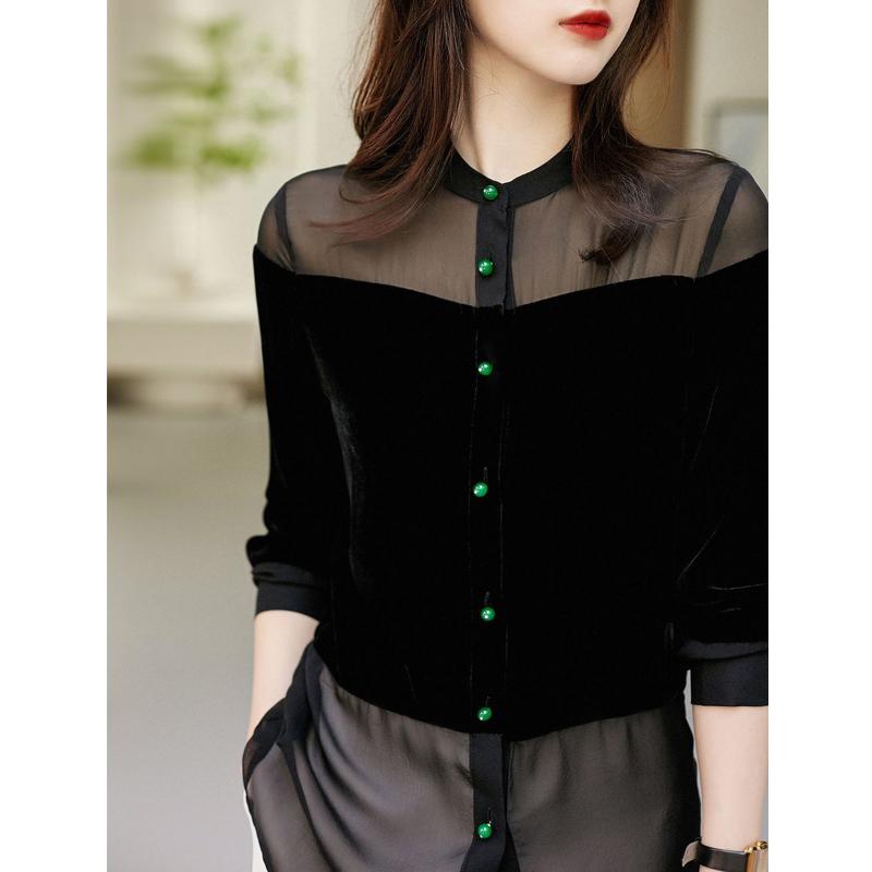 Sexy Cămașă Bluză Elegantă Șic cu Patchwork din Plasă Transparentă pentru Femei Primăvară Vară Mânecă Lungă Guler Înalt Top Negru Blusas