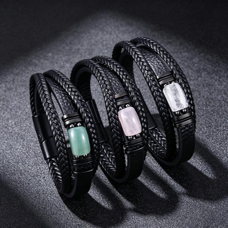 Men's Double Layer Leather Bracelet with Tiger Eye Stones