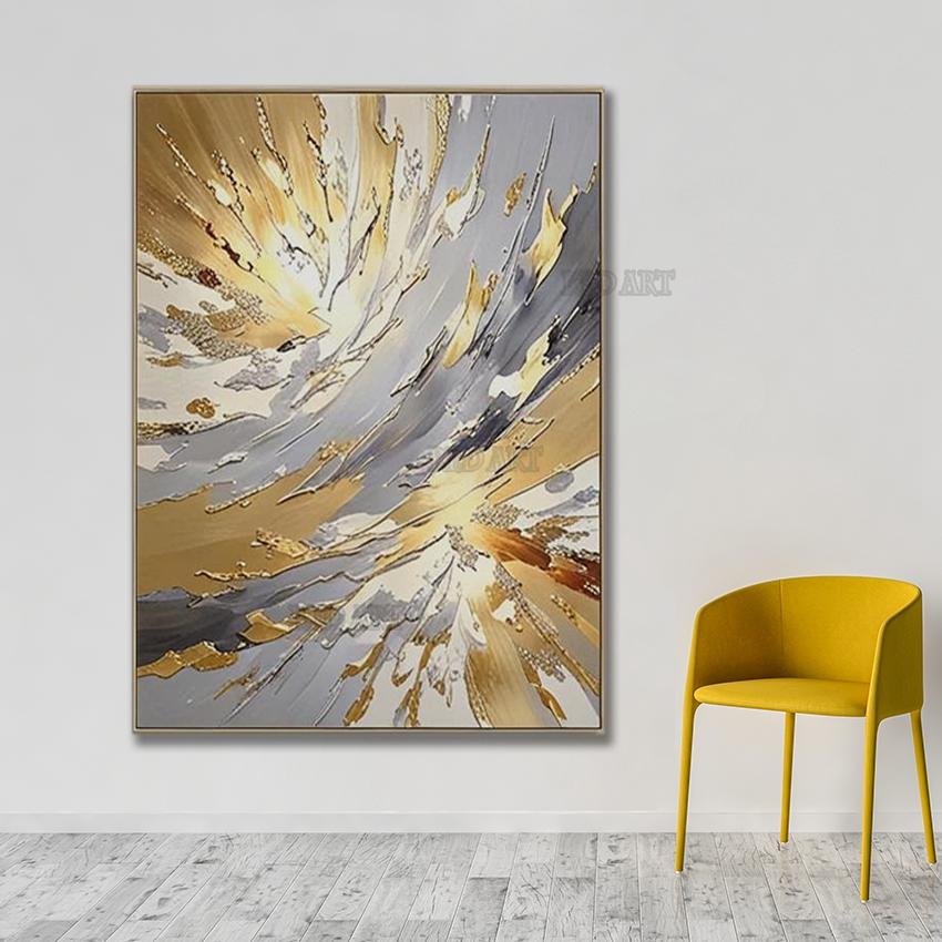 Large Size Contemporary Abstract Picture Golden Foil Canvas Paintings On Canvas Bedroom Framelessation Unframed