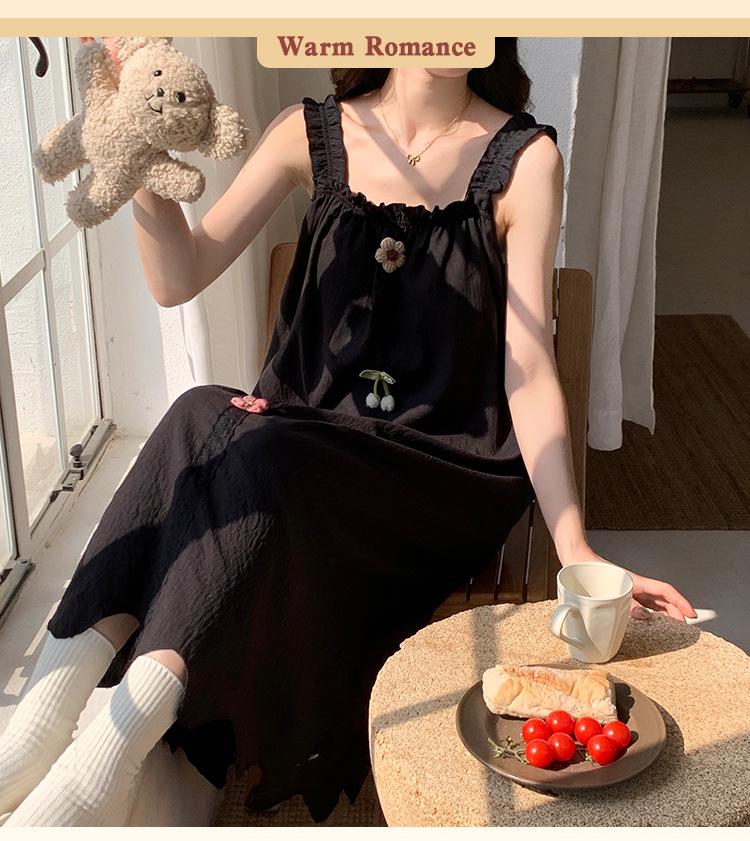 2026 Summer Princess Style Woven Cloud Cotton Camisole Nightgown with Chest Pads - Long Skirt, Square Neck.