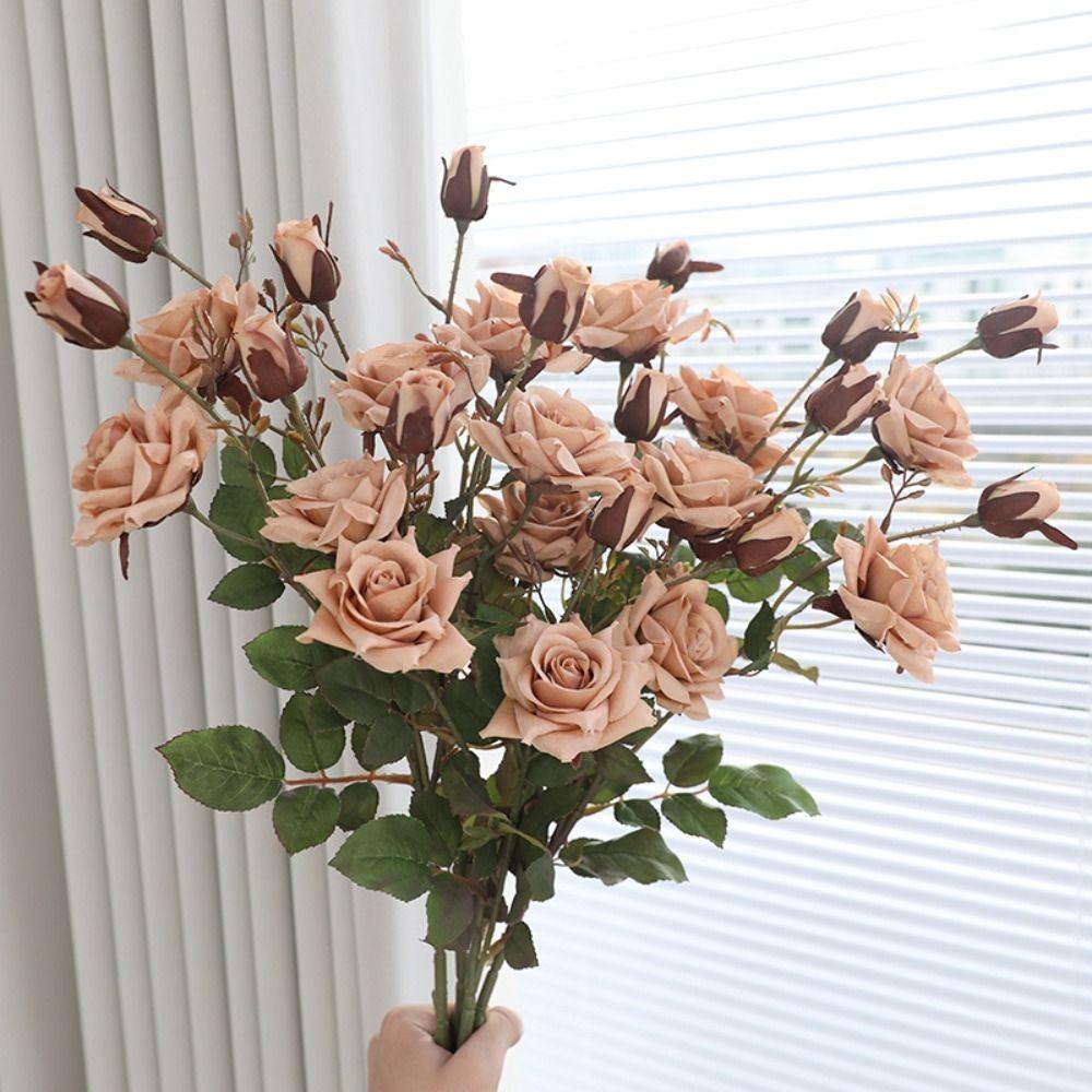 3 Head Simulation Rose Flower Luxury Fake Flowers Artificial Rose Branch  Outdoor Garden Decor