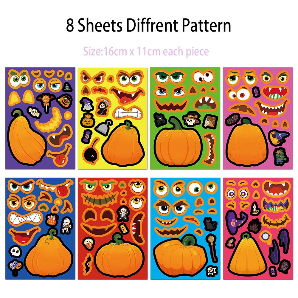 8PCS Pumpkin Head Halloween Puzzle Stickers Cartoon Creative Fun DIY Account Manual Tablet Decoration Waterproof Sticke