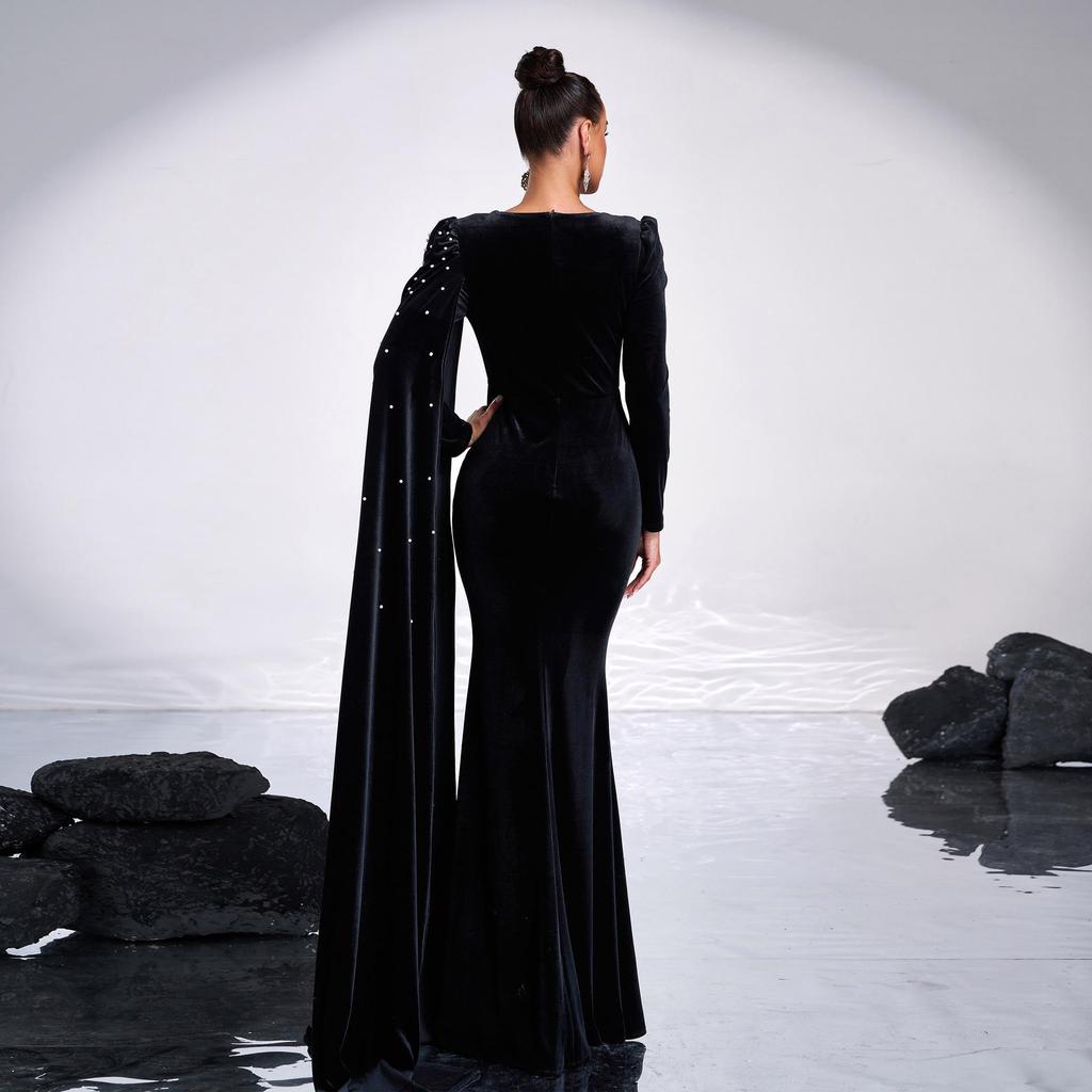 Elegant Cross-Border Round Neck Long Sleeve Evening Gown