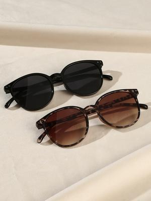 2Pcs Women'S Fashionable Round Frame Glasses Chic Black Tortoiseshell Combination Glasses Daily Wear Holiday Gifts