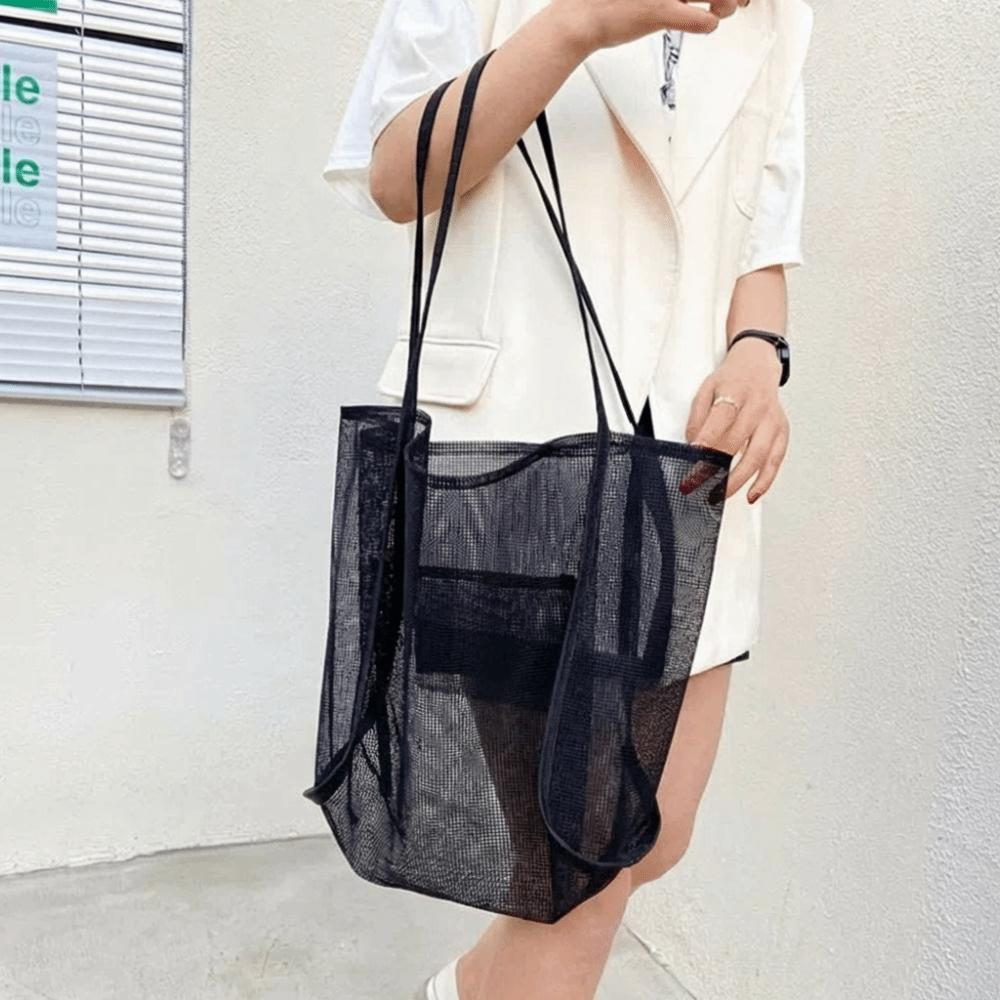Nylon Beach Handbag Transparent Hollow Tote Bag Make Up Mesh Shoulder Bag Travel
